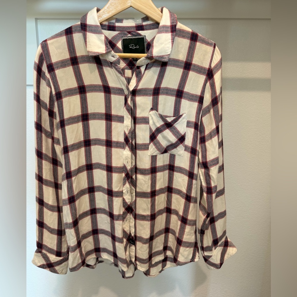 Rails Plaid Button Down Shirt Small Cream Burgundy Lightweight Flannel